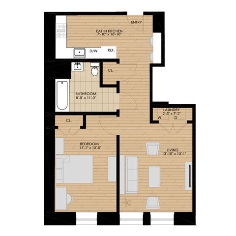 Floor plan for 1 bed, 1 bath, 762 sqft